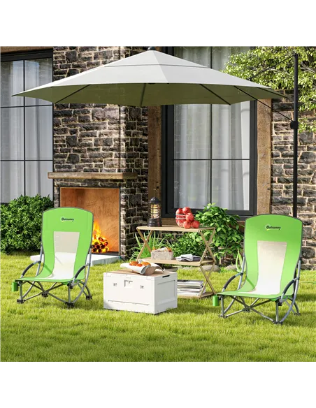 Outsunny Set of 2 Folding Beach Chair, Low Camping Chair with Mesh Back, Carry Bag and Cup Holder for Garden Outdoor Picnic Fest