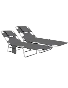 Outsunny Foldable Sun Lounger Set of 2, Beach Chaise Lounge with Reading Hole, Arm Slots, 5-Position Adjustable Backrest, Side P