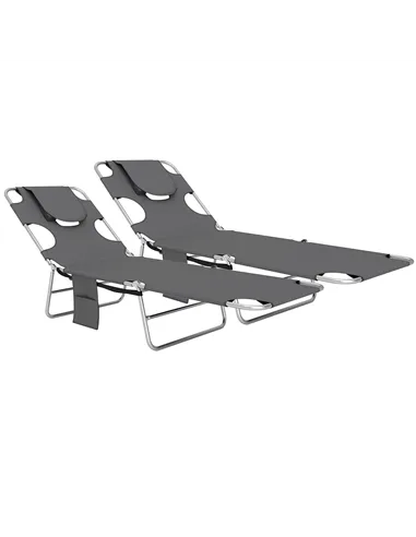 Outsunny Foldable Sun Lounger Set of 2, Beach Chaise Lounge with Reading Hole, Arm Slots, 5-Position Adjustable Backrest, Side P