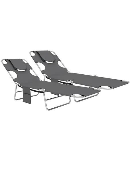 Outsunny Foldable Sun Lounger Set of 2, Beach Chaise Lounge with Reading Hole, Arm Slots, 5-Position Adjustable Backrest, Side P