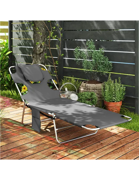 Outsunny Foldable Sun Lounger Set of 2, Beach Chaise Lounge with Reading Hole, Arm Slots, 5-Position Adjustable Backrest, Side P