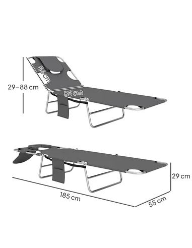 Outsunny Foldable Sun Lounger Set of 2, Beach Chaise Lounge with Reading Hole, Arm Slots, 5-Position Adjustable Backrest, Side P