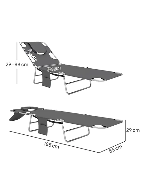 Outsunny Foldable Sun Lounger Set of 2, Beach Chaise Lounge with Reading Hole, Arm Slots, 5-Position Adjustable Backrest, Side P