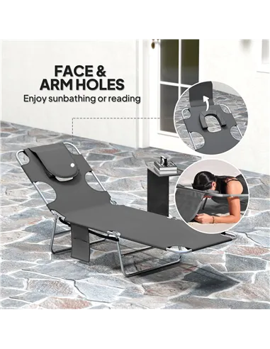 Outsunny Foldable Sun Lounger Set of 2, Beach Chaise Lounge with Reading Hole, Arm Slots, 5-Position Adjustable Backrest, Side P