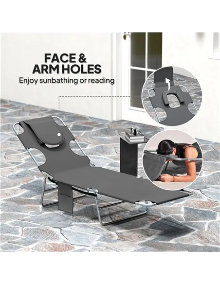 Outsunny Foldable Sun Lounger Set of 2, Beach Chaise Lounge with Reading Hole, Arm Slots, 5-Position Adjustable Backrest, Side P