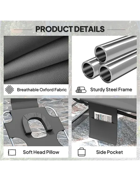 Outsunny Foldable Sun Lounger Set of 2, Beach Chaise Lounge with Reading Hole, Arm Slots, 5-Position Adjustable Backrest, Side P