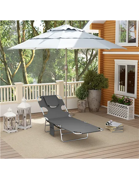 Outsunny Foldable Sun Lounger Set of 2, Beach Chaise Lounge with Reading Hole, Arm Slots, 5-Position Adjustable Backrest, Side P