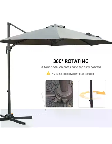 Outsunny 3(m) Offset Parasol Cantilever Hanging Umbrella 360° Rotation w/ Base Dark Grey
