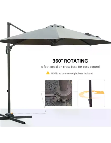 Outsunny 3(m) Offset Parasol Cantilever Hanging Umbrella 360° Rotation w/ Base Dark Grey