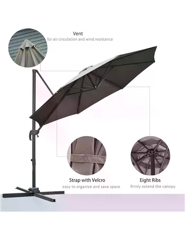 Outsunny 3(m) Offset Parasol Cantilever Hanging Umbrella 360° Rotation w/ Base Dark Grey