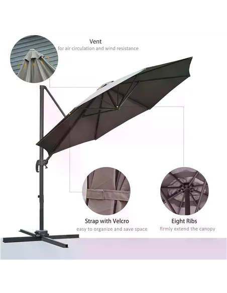Outsunny 3(m) Offset Parasol Cantilever Hanging Umbrella 360° Rotation w/ Base Dark Grey
