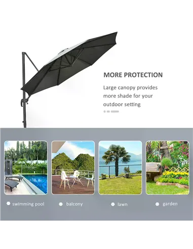 Outsunny 3(m) Offset Parasol Cantilever Hanging Umbrella 360° Rotation w/ Base Dark Grey