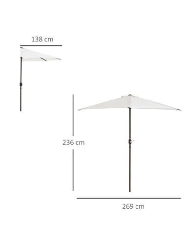 Outsunny 2.7m Garden Half Parasol, Outdoor Balcony Umbrella with 5 Steel Ribs, Patio Sun Shade, Cream White