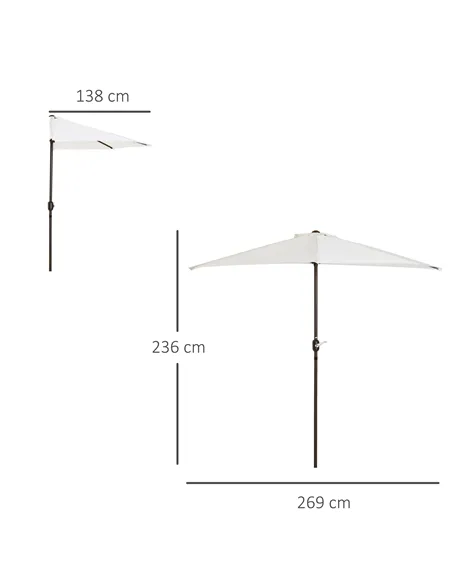 Outsunny 2.7m Garden Half Parasol, Outdoor Balcony Umbrella with 5 Steel Ribs, Patio Sun Shade, Cream White