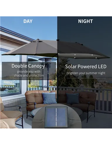 Outsunny 4.4m Double-Sided Sun Umbrella Patio Parasol LED Solar Lights Dark Grey