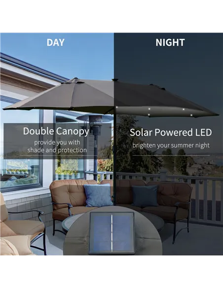Outsunny 4.4m Double-Sided Sun Umbrella Patio Parasol LED Solar Lights Dark Grey