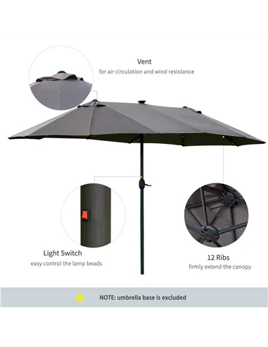 Outsunny 4.4m Double-Sided Sun Umbrella Patio Parasol LED Solar Lights Dark Grey