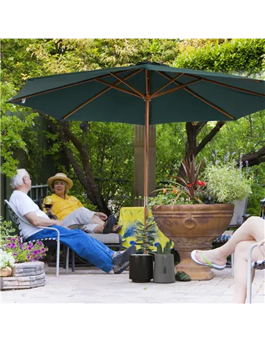 Outsunny 3(m) Wooden Patio Umbrella, Pulley Operated Garden Parasol with Rope Pulley Mechanism and 8 Ribs, Dark Green