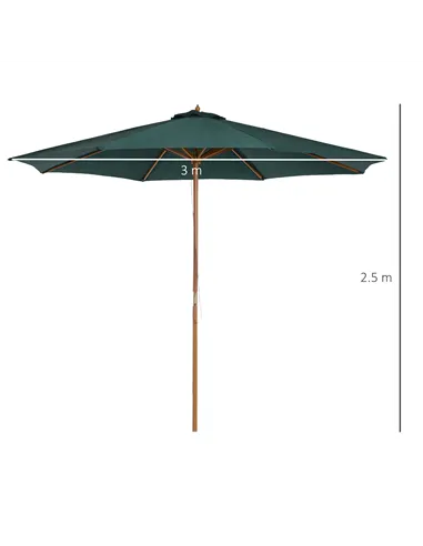Outsunny 3(m) Wooden Patio Umbrella, Pulley Operated Garden Parasol with Rope Pulley Mechanism and 8 Ribs, Dark Green