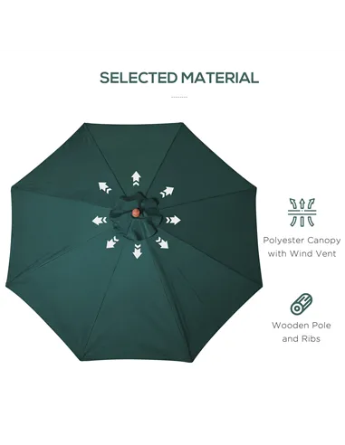 Outsunny 3(m) Wooden Patio Umbrella, Pulley Operated Garden Parasol with Rope Pulley Mechanism and 8 Ribs, Dark Green