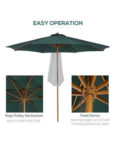Outsunny 3(m) Wooden Patio Umbrella, Pulley Operated Garden Parasol with Rope Pulley Mechanism and 8 Ribs, Dark Green