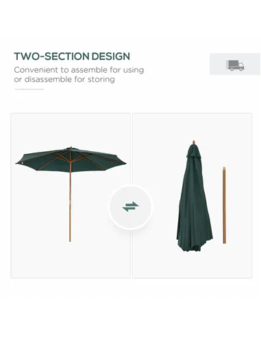 Outsunny 3(m) Wooden Patio Umbrella, Pulley Operated Garden Parasol with Rope Pulley Mechanism and 8 Ribs, Dark Green