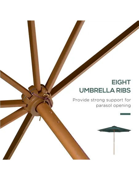 Outsunny 3(m) Wooden Patio Umbrella, Pulley Operated Garden Parasol with Rope Pulley Mechanism and 8 Ribs, Dark Green