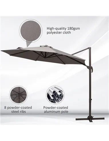 Outsunny 3m Cantilever Aluminium Frame Outdoor Garden Parasol Grey