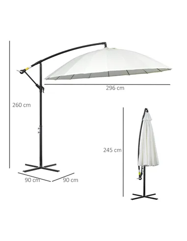 Outsunny 3(m) Cantilever Umbrella 18 Ribs & Vents Adjustable Angle for Patio Cream White