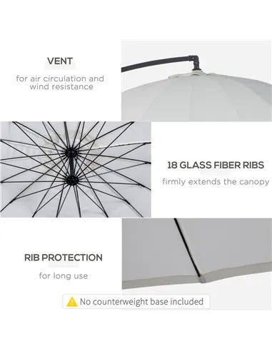 Outsunny 3(m) Cantilever Umbrella 18 Ribs & Vents Adjustable Angle for Patio Cream White