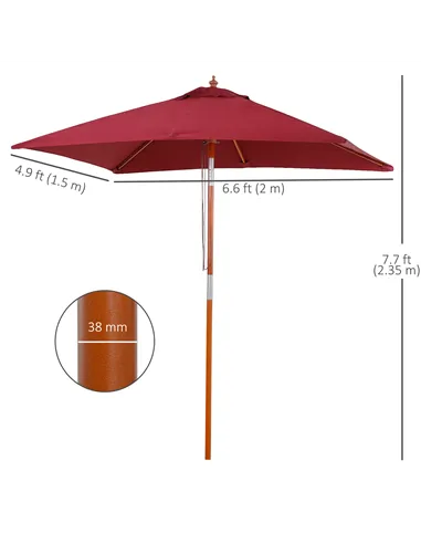 Outsunny 2m x 1.5m Garden Parasol Umbrella with Tilting Sunshade Canopy, Outdoor Market Table Umbrella with Wood and Bamboo Fram