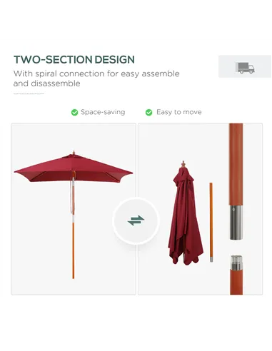 Outsunny 2m x 1.5m Garden Parasol Umbrella with Tilting Sunshade Canopy, Outdoor Market Table Umbrella with Wood and Bamboo Fram