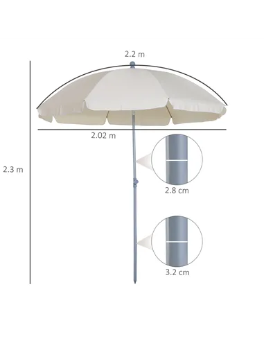 Outsunny 2.2m Beach Umbrella, Portable Parasol with Tilting Function, Outdoor Sunshade Shelter with 8 Ribs for Garden, Pool and 