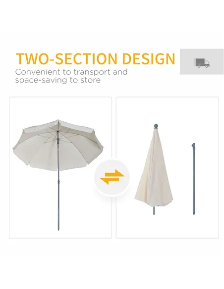 Outsunny 2.2m Beach Umbrella, Portable Parasol with Tilting Function, Outdoor Sunshade Shelter with 8 Ribs for Garden, Pool and 