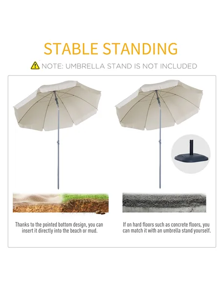 Outsunny 2.2m Beach Umbrella, Portable Parasol with Tilting Function, Outdoor Sunshade Shelter with 8 Ribs for Garden, Pool and 