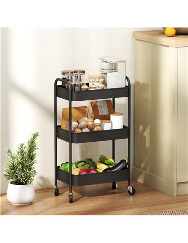 HOMCOM Three-Tier Steel Storage Trolley - Black