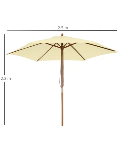 Outsunny 2.5m Wood Garden Parasol Sun Shade Patio Outdoor Wooden Umbrella Canopy, Table Market Umbrella with Vent, 38mm Pole, Ro