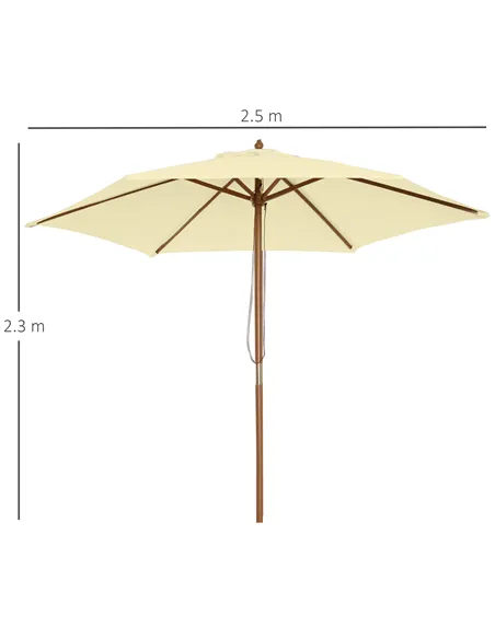 Outsunny 2.5m Wood Garden Parasol Sun Shade Patio Outdoor Wooden Umbrella Canopy, Table Market Umbrella with Vent, 38mm Pole, Ro