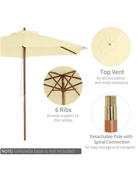 Outsunny 2.5m Wood Garden Parasol Sun Shade Patio Outdoor Wooden Umbrella Canopy, Table Market Umbrella with Vent, 38mm Pole, Ro