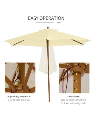 Outsunny 2.5m Wood Garden Parasol Sun Shade Patio Outdoor Wooden Umbrella Canopy, Table Market Umbrella with Vent, 38mm Pole, Ro