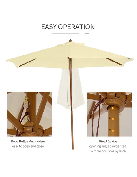 Outsunny 2.5m Wood Garden Parasol Sun Shade Patio Outdoor Wooden Umbrella Canopy, Table Market Umbrella with Vent, 38mm Pole, Ro