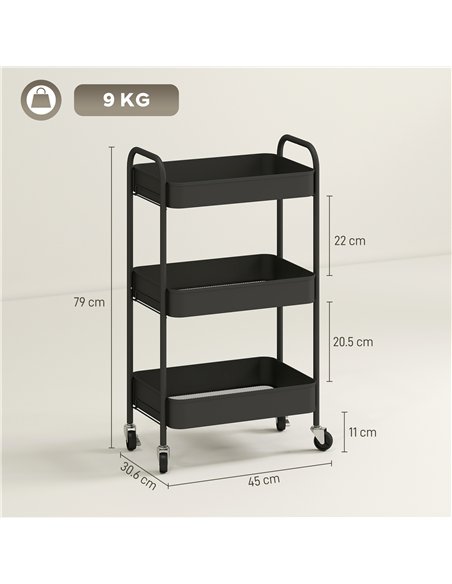 HOMCOM Three-Tier Steel Storage Trolley - Black
