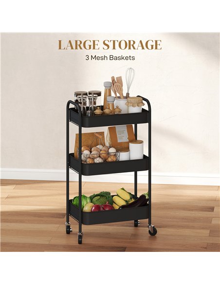 HOMCOM Three-Tier Steel Storage Trolley - Black
