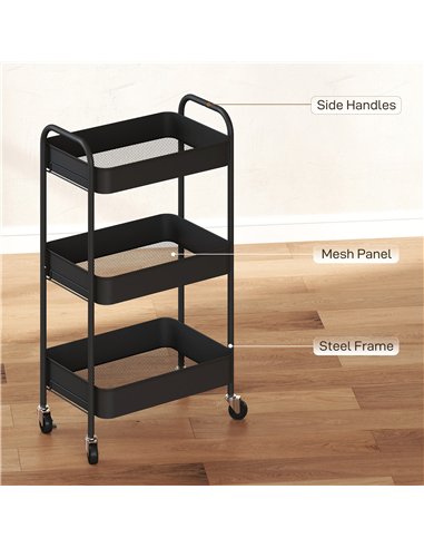 HOMCOM Three-Tier Steel Storage Trolley - Black