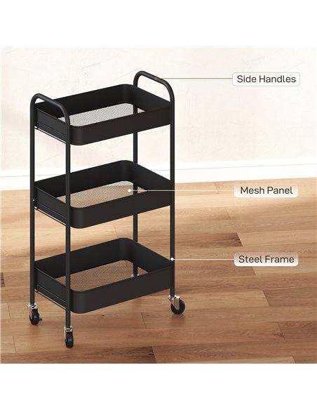 HOMCOM Three-Tier Steel Storage Trolley - Black