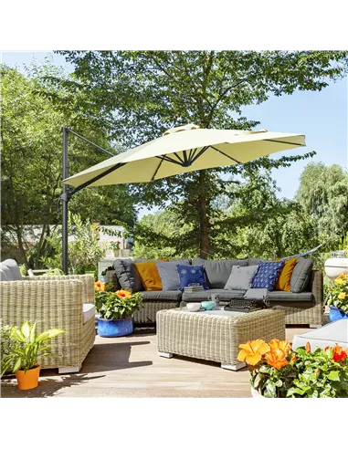 Outsunny 3(m) LED Cantilever Parasol Garden Sun Umbrella w/ Base and Solar Lights Beige