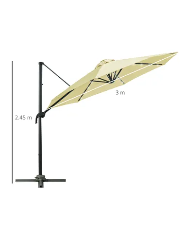 Outsunny 3(m) LED Cantilever Parasol Garden Sun Umbrella w/ Base and Solar Lights Beige