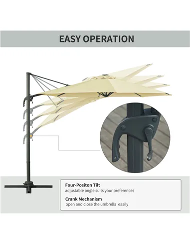 Outsunny 3(m) LED Cantilever Parasol Garden Sun Umbrella w/ Base and Solar Lights Beige