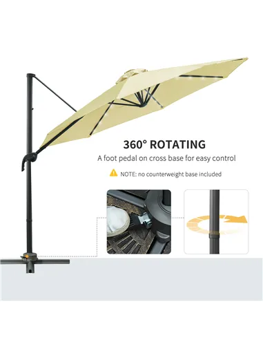 Outsunny 3(m) LED Cantilever Parasol Garden Sun Umbrella w/ Base and Solar Lights Beige