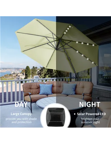 Outsunny 3(m) LED Cantilever Parasol Garden Sun Umbrella w/ Base and Solar Lights Beige